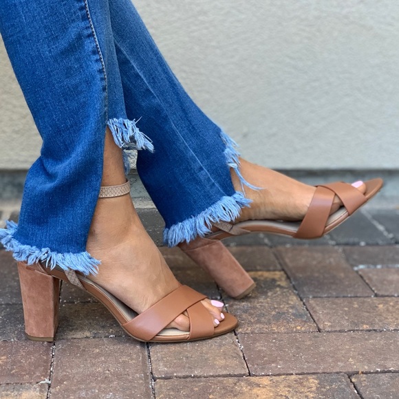 Cognac Ankle Strap Block Heel Leather Sandals - Picture 2 of 8